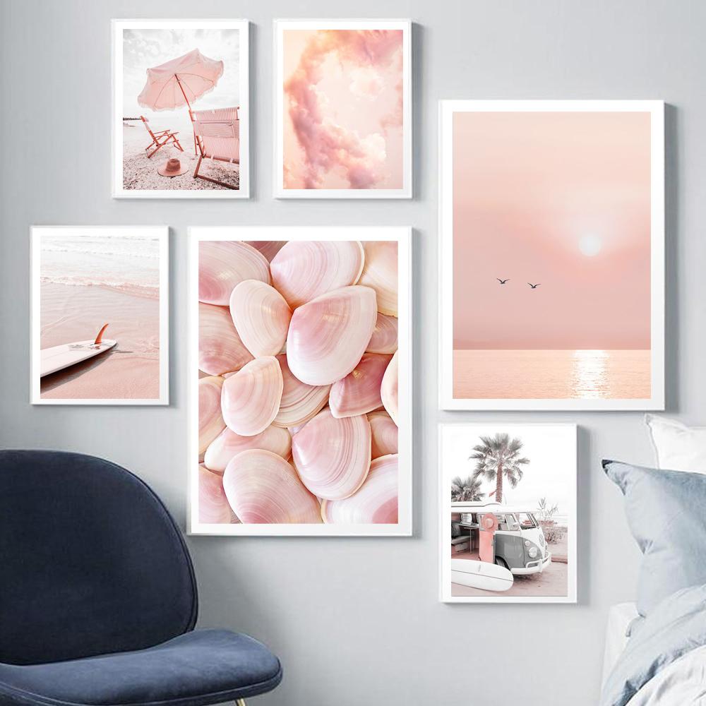 Pink Sea Beach Poster Flamingo Retro Van Surfboard Summer Wall Art Canvas Painting Living Room Interior Picture for Home Decor