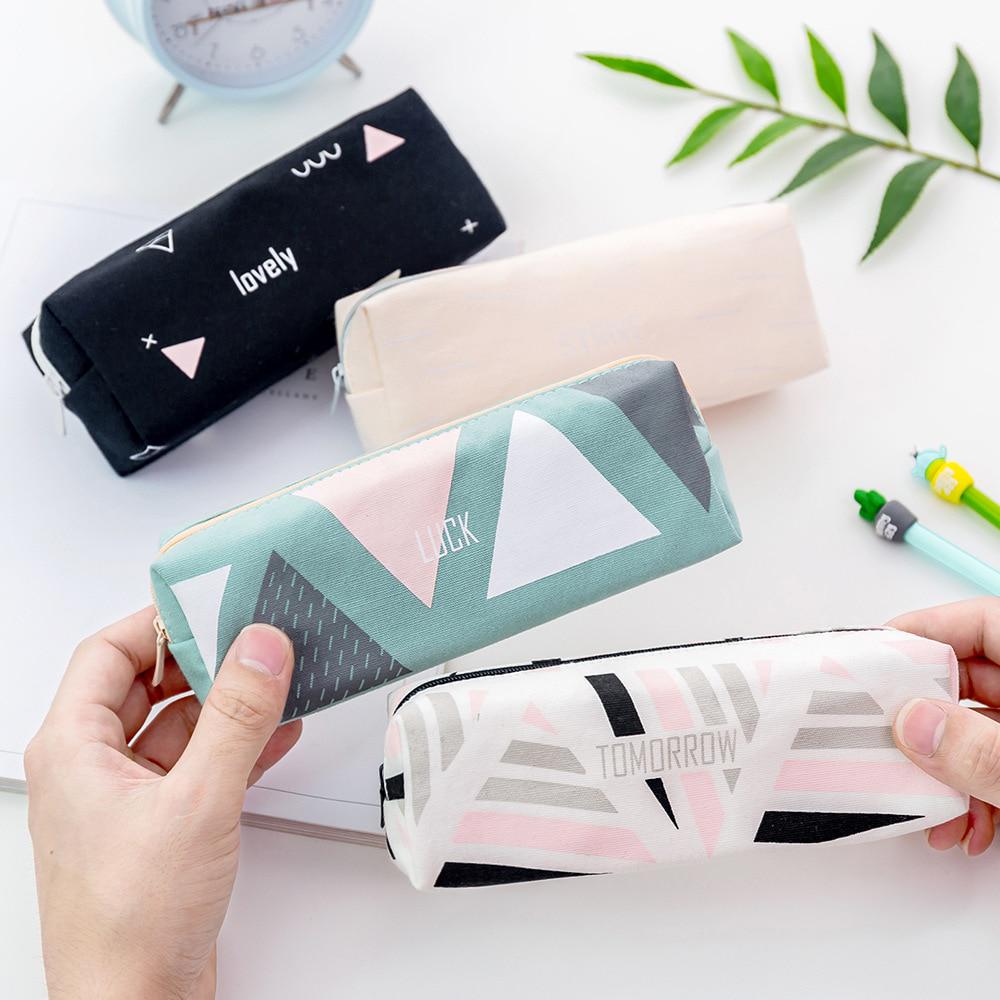Cute Geometric Canvas Case Pencil Big Capacity Pencilcase Pen Bag Stationery Pouch School Supplies