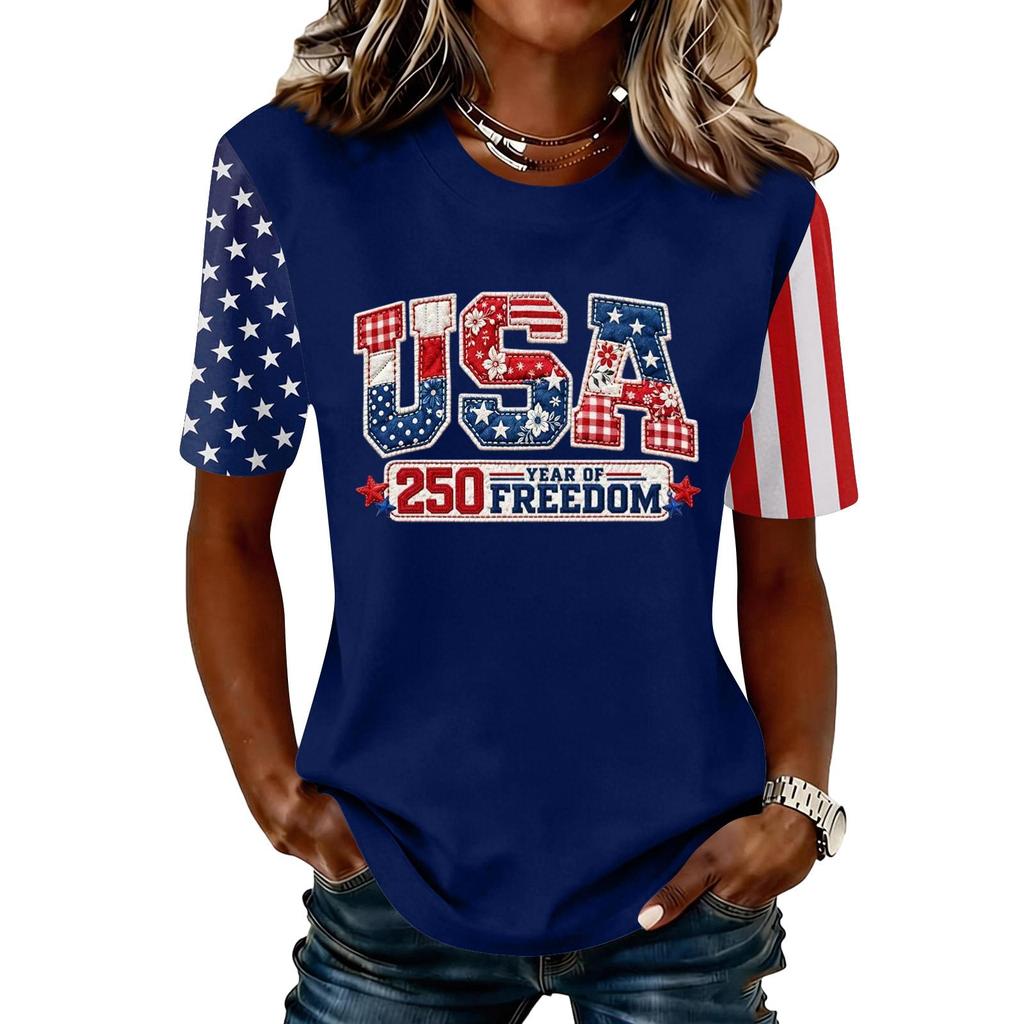 Blusa Feminina da Moda Casual de Manga Curta com Estampa e Gola Redonda