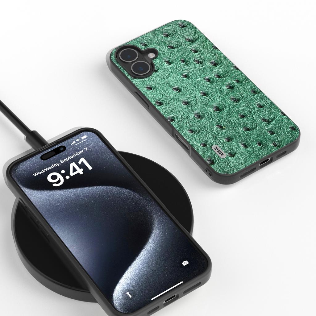 For iPhone 16 Plus Case Ostrich Texture Genuine Cow Leather Back Phone Cover