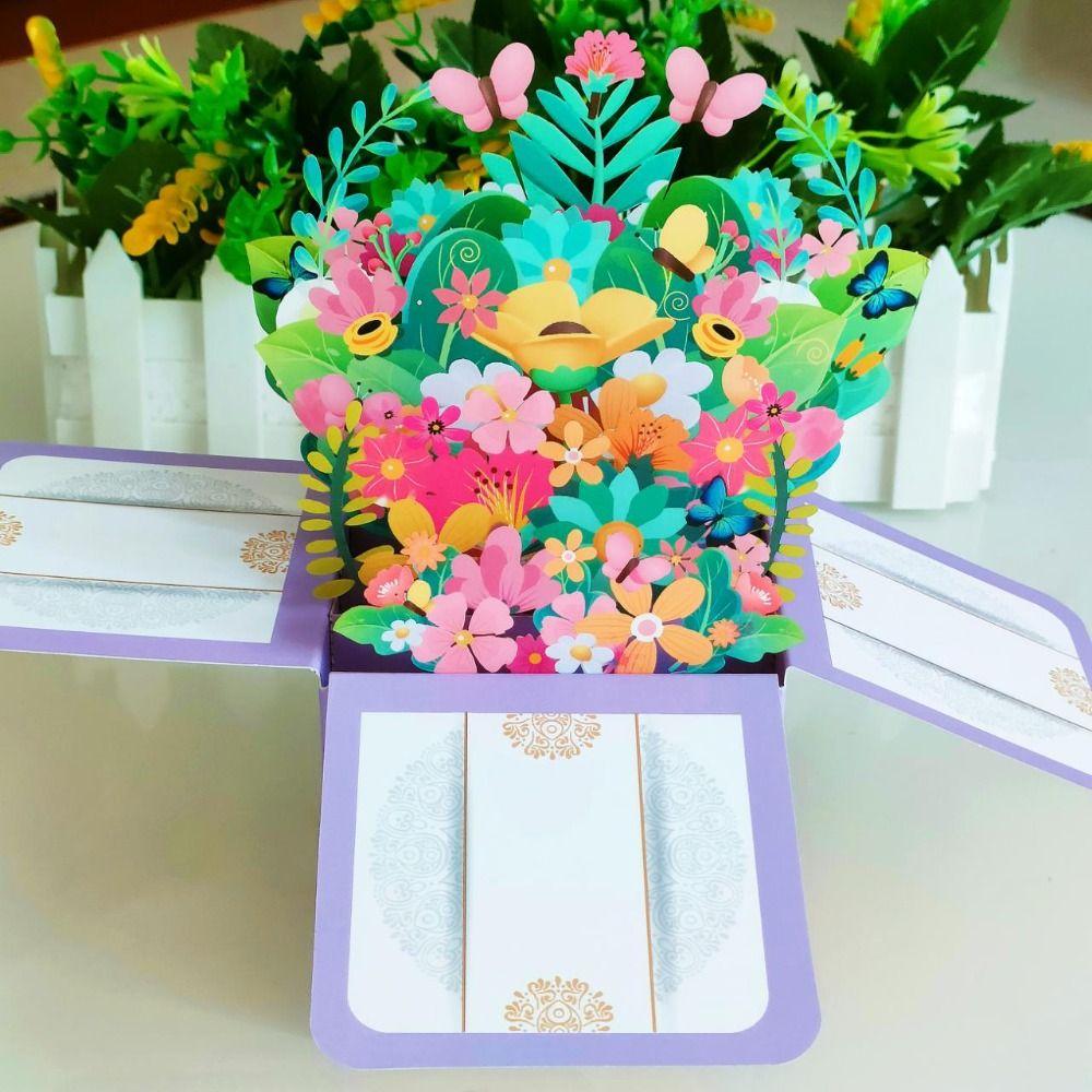 Gift 3D Pops-up Bouquet Girlfriend Mothers Day Cards New Paper Flowers