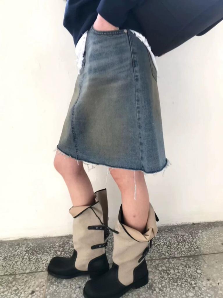 Women's flip cowboy boots Western wide retro boots Belt buckles Pile knight boots Fold thick heel splicing Wear two without