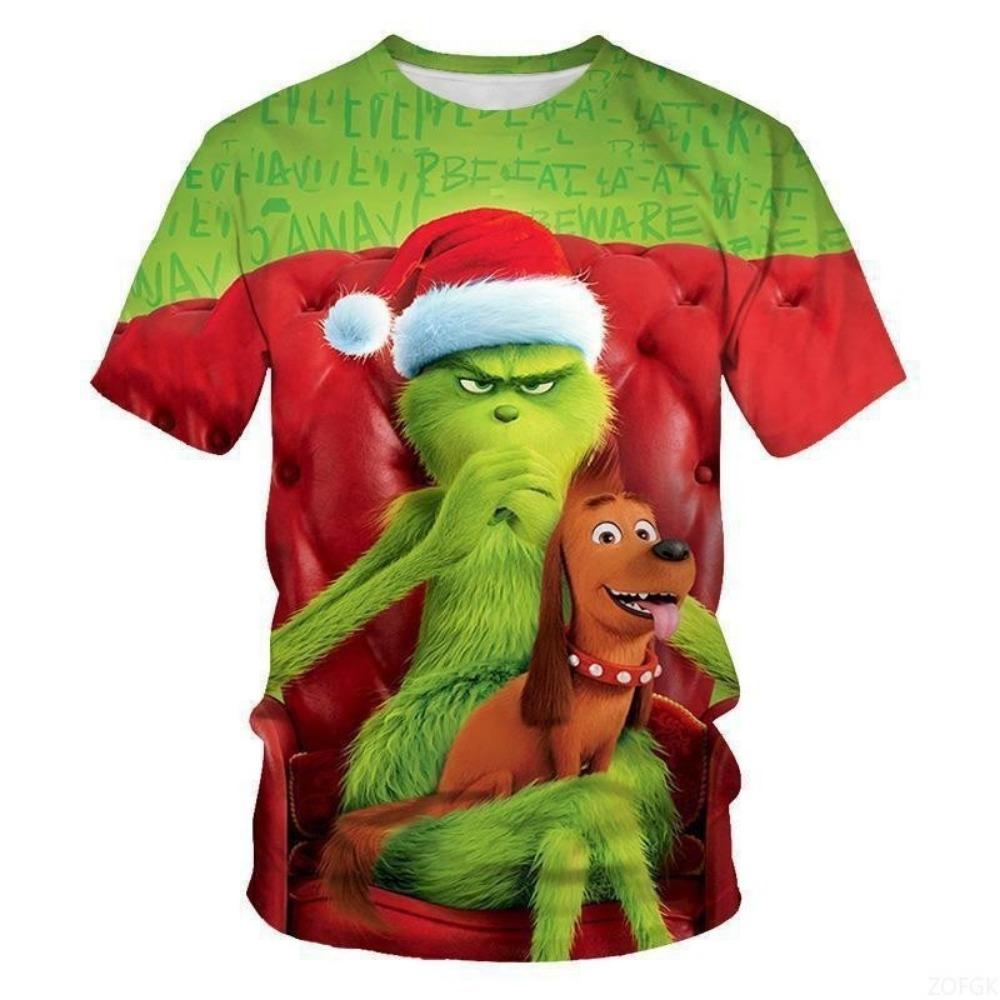 Nowy Świąteczny Kreskówkowy Zielony Futrzany Potwór Drukowany 3D Męski T-shirt z Krótkim Rękawem Świąteczny Grinch