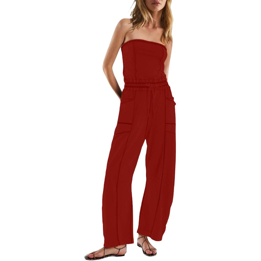 Women's Strapless Off-Shoulder Jumpsuit One-Piece Romper with Pockets