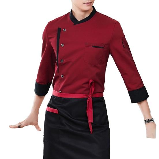 

Chef Uniform Apron Set Stand Collar Short Sleeve Wrinkle-Resistant Chef Tops with Multi-Pocket Design Patchwork Color Professional Cooking XL красный