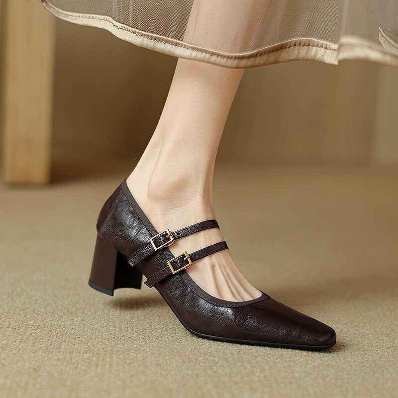 Soft sheepskin retro thick heel Mary Jane shoes women's spring and autumn new black high heels women's summer single shoes