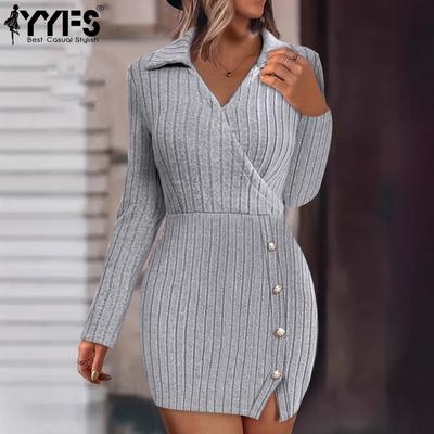Women's Fashion Fall Winter Solid Color Print Long Sleeve POLO-Neck Casual Dresses
