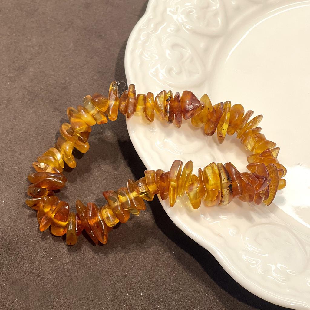 1Pc, Natural Floral Amber Freeform Chip Bracelet 3×12mm 18cm, Irregular Raw Amber Elastic Stack Bracelet