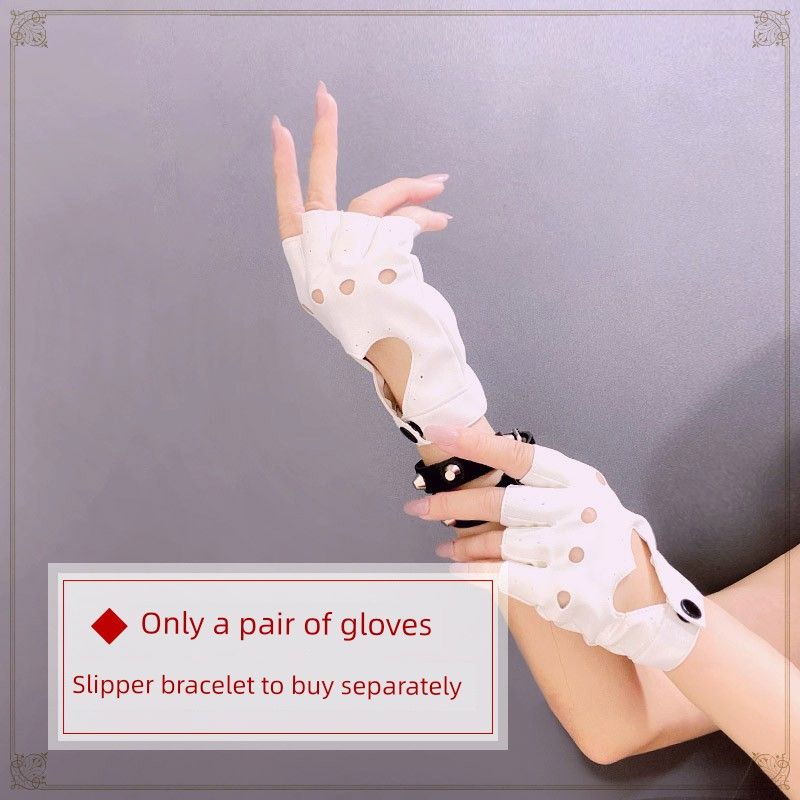 

Punk Female Rock Dancing Cut Out Leather Half Finger Gloves White (S0033)(A pair)