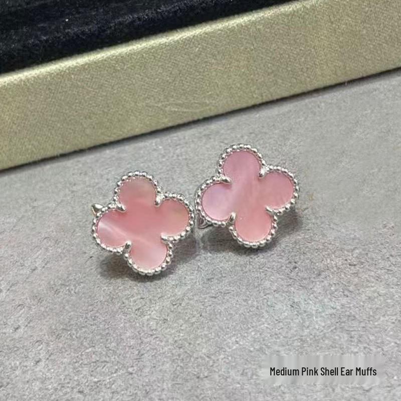 High-Version 18K Rose Gold Earrings: Four-Leaf Clover with White Mother-of-Pearl & Red Agate - Fashionable, Luxurious, INS Style.
