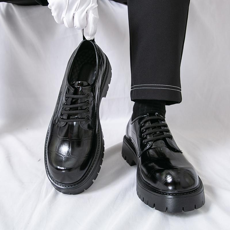 Fashion Fashion Brand Men's Crocodile Leather Comfortable Thick Soled Derby Shoes Spring Men Retro Lace Up Business Casual Leather Shoes