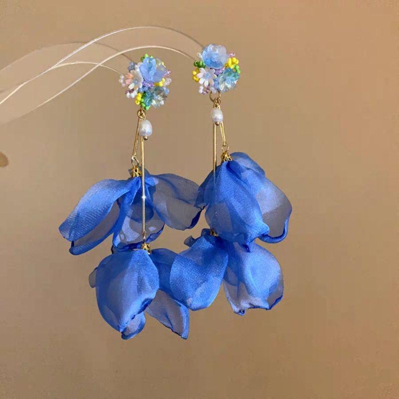 

Menciyi Same Style Earrings Blue Flower Tassel Ear Studs Women Niche Design Sense Holiday Style Travel Ear Clip Earrings Stud earrings