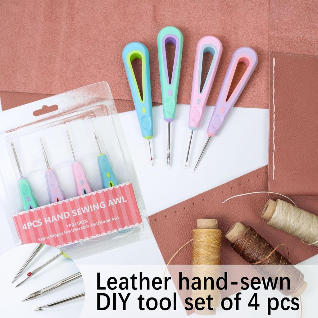 4Pcs Leather Sewing Awl Kit with Threader for Hand Stitching Repair Embroidery DIY Craft Shoe Bag Making Beginner Tool