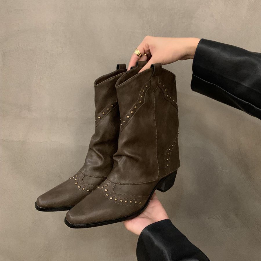 Coarse heel pointed western cowboy boots women's boots 2025 new thin short boots spring and autumn single boots brown Martin boots
