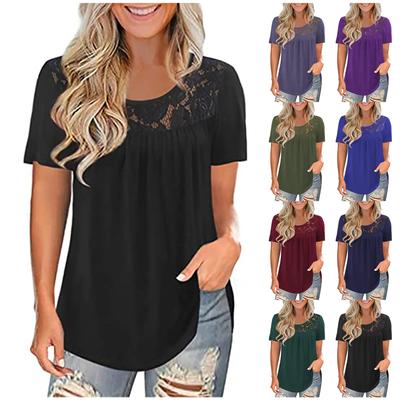 Women Fashion Lace Solid Splicing  Short Sleeve T-Shirt Blouse Tops