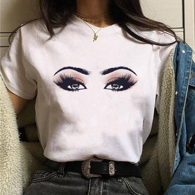 

Makeup Art Eyelashes Print Top Female T-Shirt Summer Harajuku Women Tshirt Streetwear Lady 90S Girls Short Sleeve Tee Tops XXXL білий