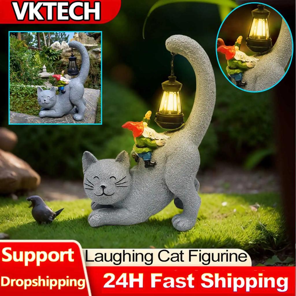 Katzenstatue aus Kunstharz mit Solarlaterne mit solarbetriebenem LED-Licht Solargarten-Katzenstatue mit Solarlaterne Katzenfigur für den Außenbereich