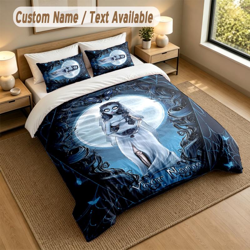 3Pcs Bedding Set Custom Name Text, 1 Sheet 2 Pillowcases Home Bed DecorCorpse Bride Emily Victor