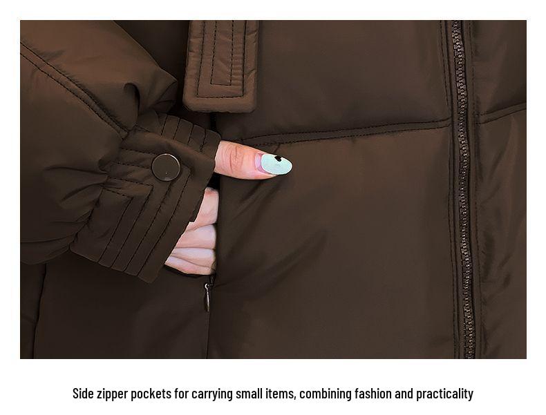 Kabat s kapucí a péřovou výplní ke kolenům - Silný, volný střih, korejský styl, odolný proti chladu s ozdobou na stuze.