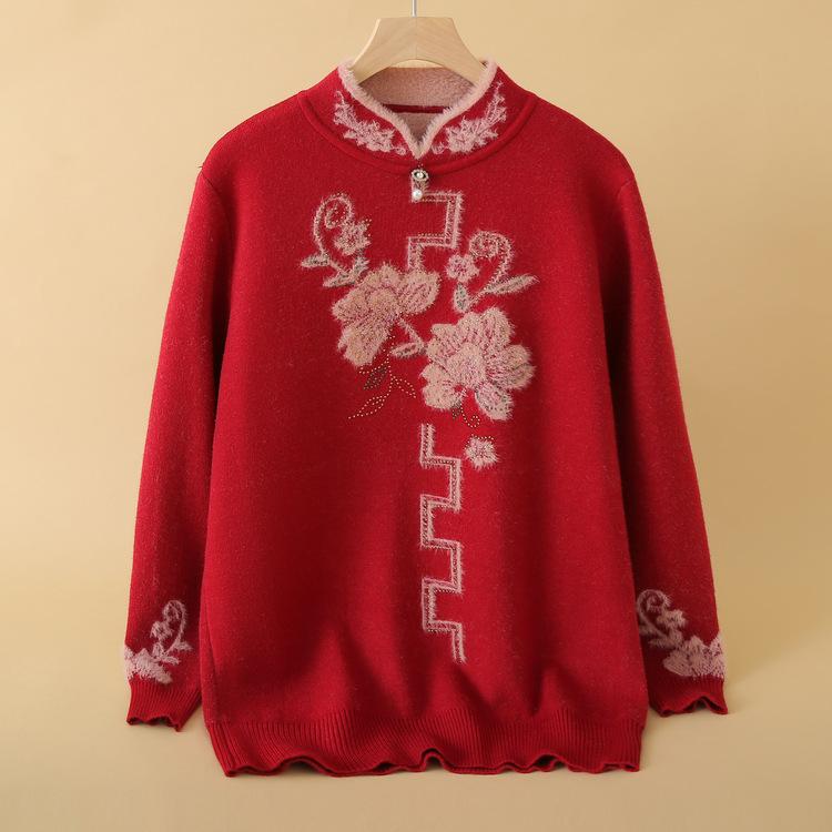 Autumn and Winter Plus Velvet Thickened Integrated Velvet Top Mother's Winter Clothes, Loose and Fashionable Warm Knitted Sweater