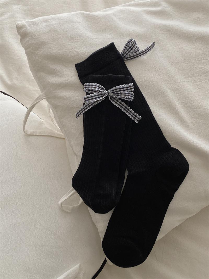 Plaid Bow Stacking Socks Small Fresh Black And White Gray Medium Tube Socks Trendy Ballet Style One size fits all чёрный