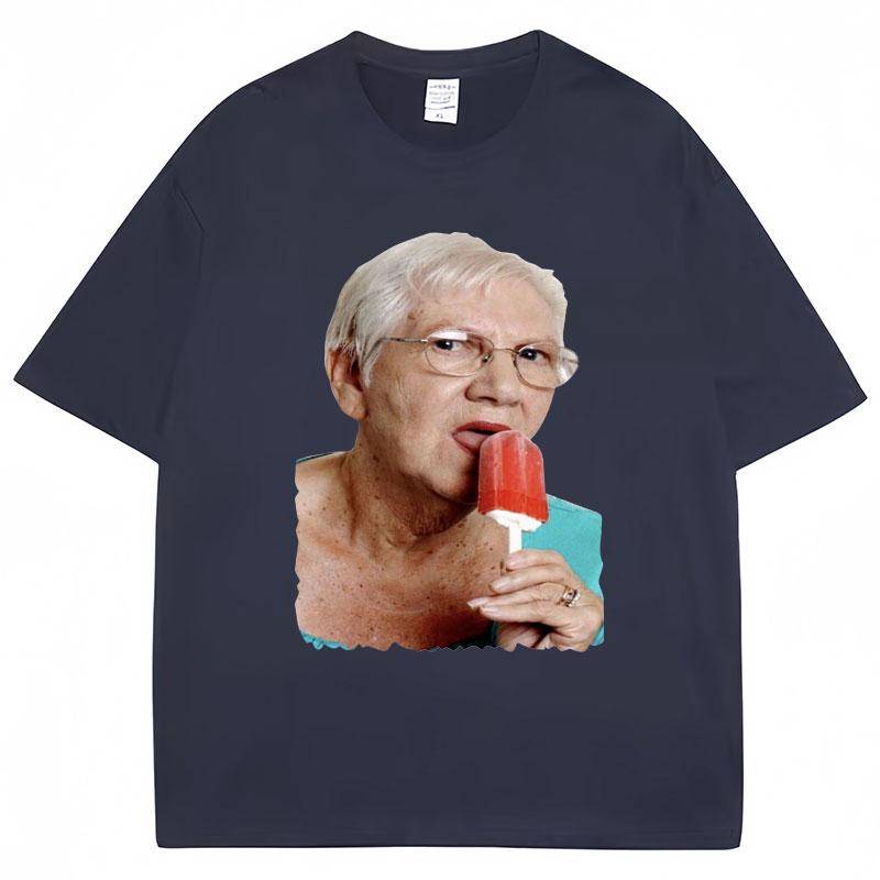 Funny Grandma Licking Red Popsicle Meme T Shirt Cute Granny Ice Cream Humor T Shirts Casual Cotton Oversized Unisex Women Tshirts