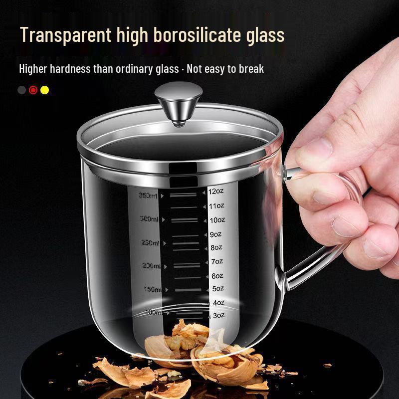 High Borosilicate Glass Cup, Heat-Resistant, Large Diameter, Double Scale, Steel Lid, Milk Cup.