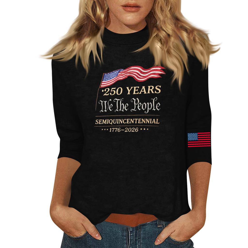 Damenmode Lässig Dreiviertelarm Bedrucktes Rundhals-Oberteil