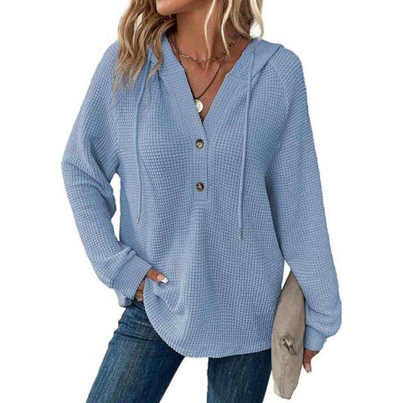 Waffelgestrickte Kapuzenpullover und Sweatshirts für Damen mit Kordelzug, Knopfleiste und V-Ausschnitt, lange Ärmel
