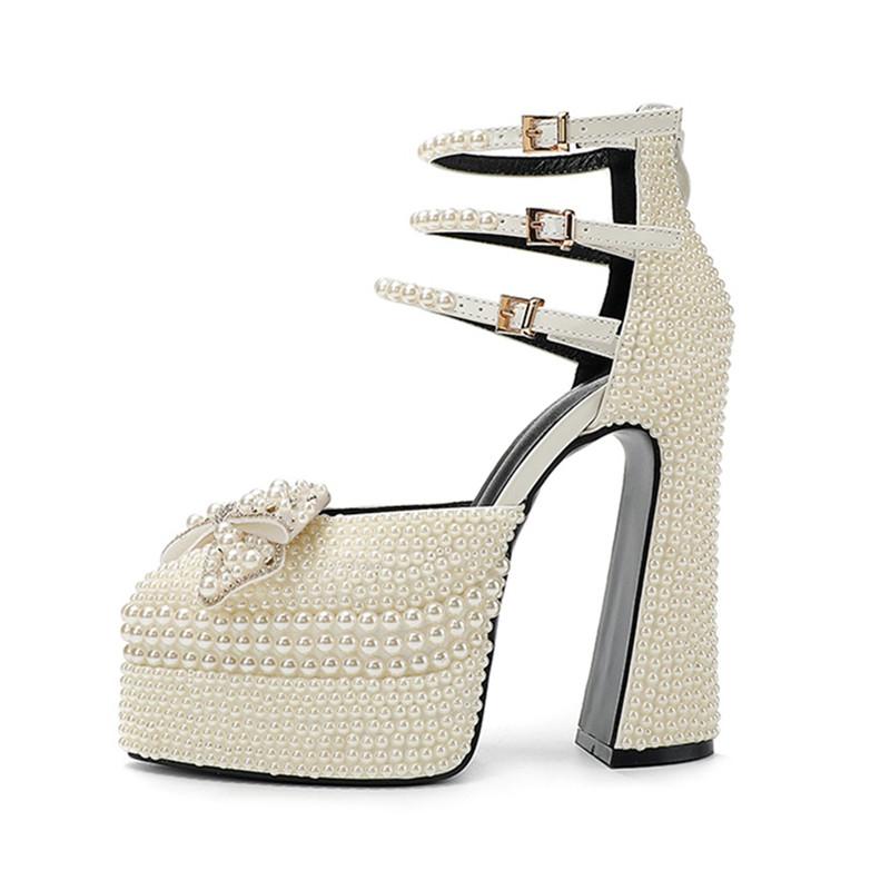 Fashion Luxury Handmade Full Pearls Rhinestones Bowknot Women Pumps Fashion Ankle Strap Platform Wedges High heels Banquet Wedding Shoes