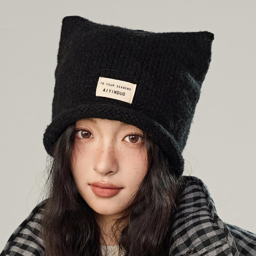 

Осенне-зимняя женская вязаная шапка теплая защитная шапка для ушей чёрный