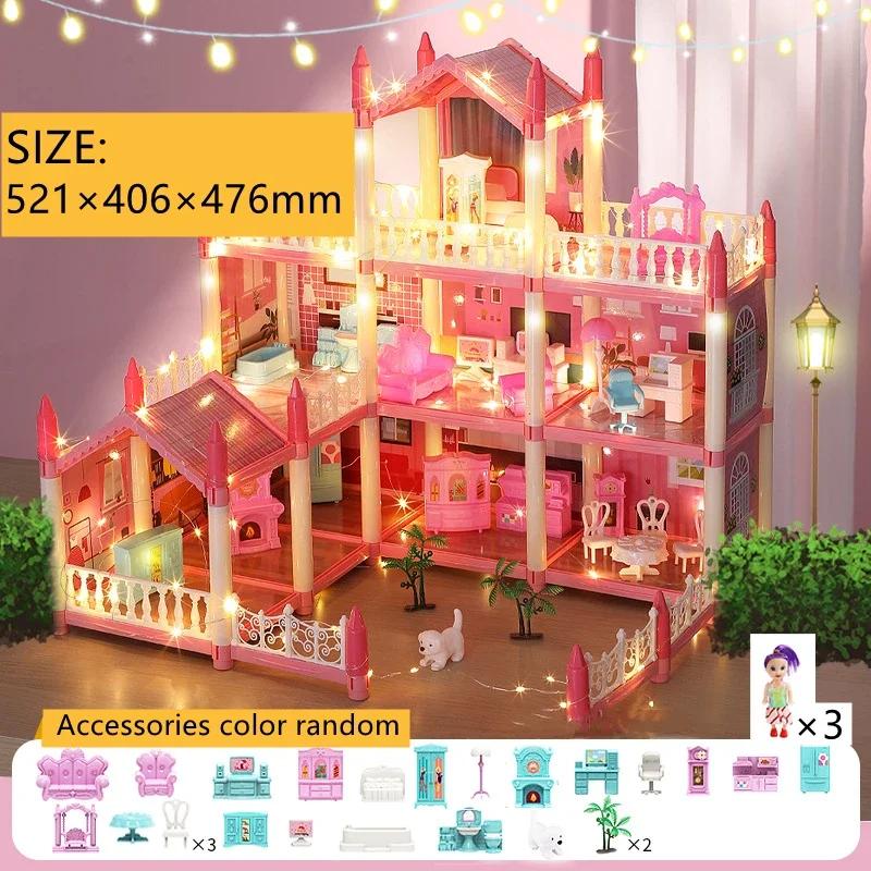 Doll House for Girls with Lights Rooms Dolls Figure Puppies Furnitures Accessories Princess Toddler Dollhouse Playhouse Gift