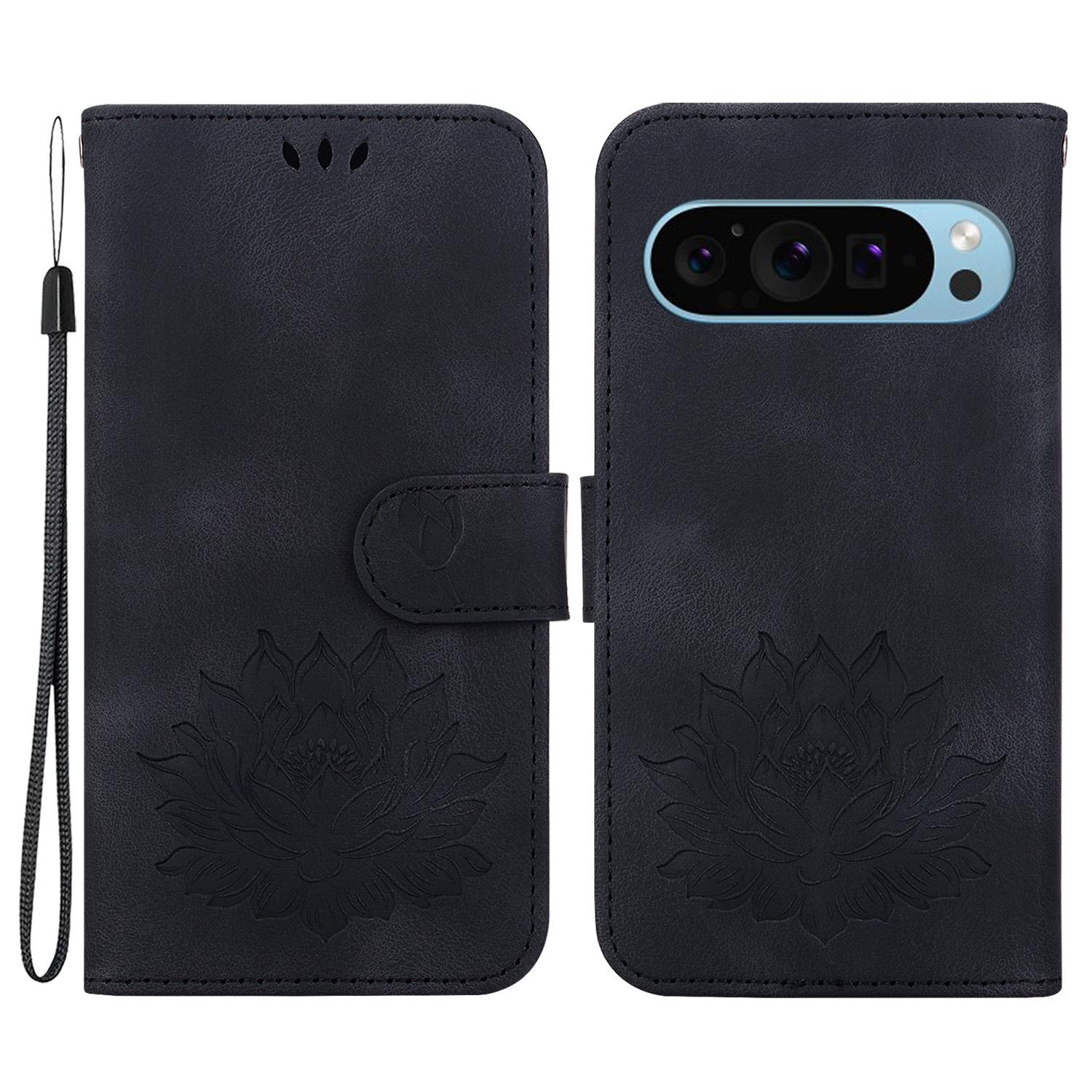 

For Google Pixel 9 Pro XL Case Lotus Imprinted Leather Stand Phone Cover Black