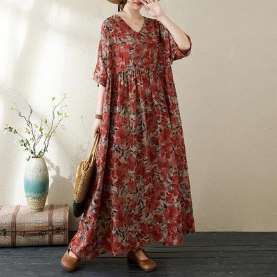 Sommerliches lässiges lockeres Übergrößen-Damenkleid aus Baumwolle und Leinen