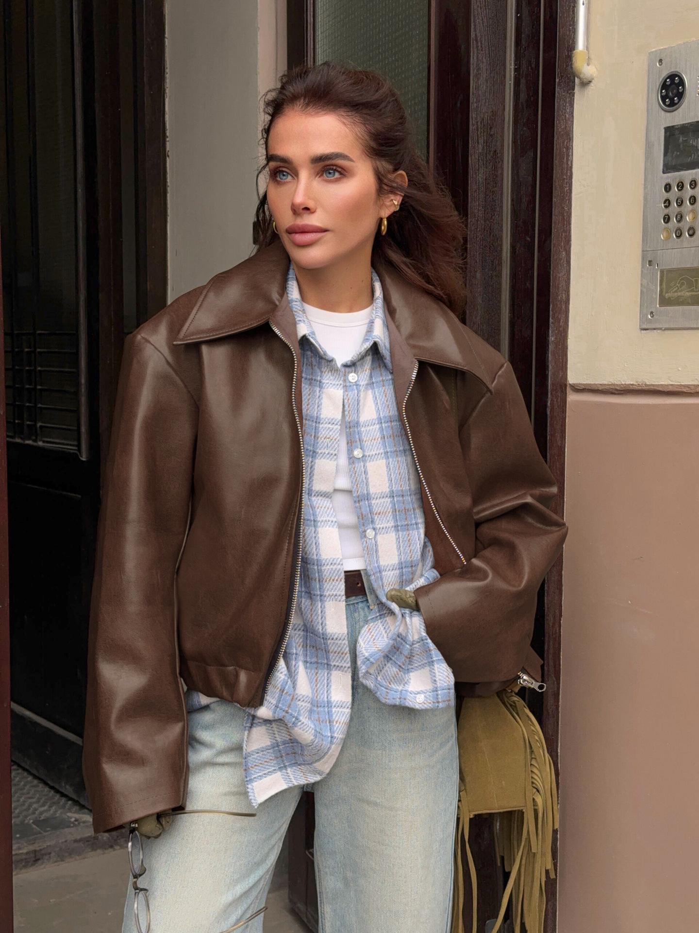 

2024 Європейська та Американська Мода Вільна Шкіряна Куртка - Осінь/Зима Жіночий Мотоциклетний Стиль M коричневий