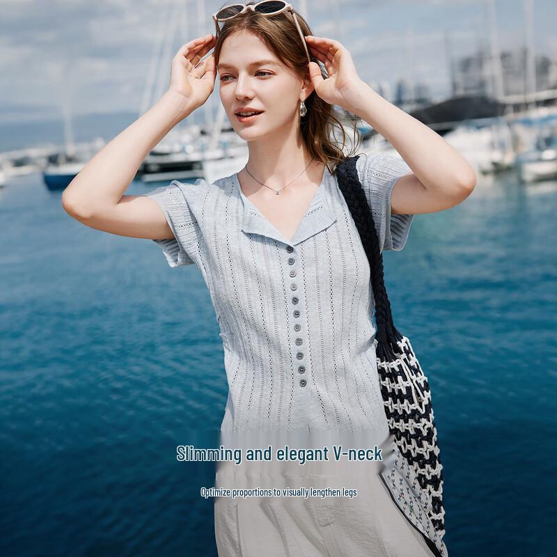 Women's Striped Openwork V-Neck Knit Cardigan