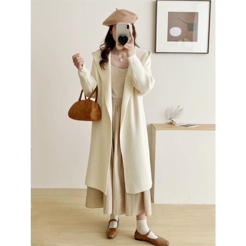 Autumn and Winter New Temperament Hooded Knitted Cardigan Coat Women's Medium and Long Loose and Thin Sweater Jacket