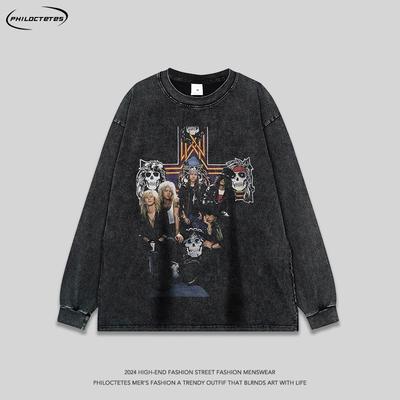 Vintage Ağır Yıkama Pamuklu Grafik Tişört Unisex Oversize Bisiklet Yaka Uzun Kollu Sokak Giyimi