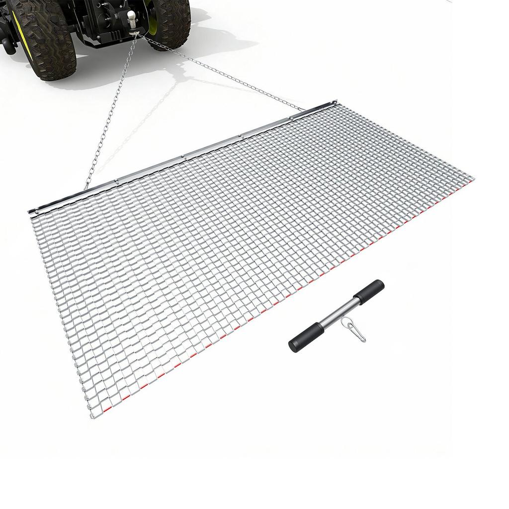 Drag Harrow, 1.8x0.9 M, High-Efficiency Chain Harrow Rake, ATVs UTVs Tractors Attachments, Durable Galvanized Steel Mesh Drag Mat with Towing Chain,
