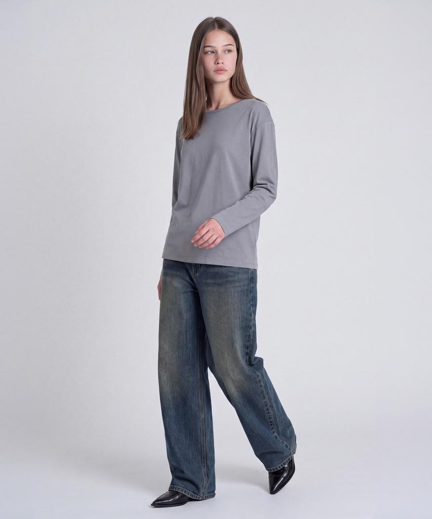 BASIC HOUSE Women'S Flowy Spandex U-Neck Oversized Long-Sleeve T-Shirt Dark Gray