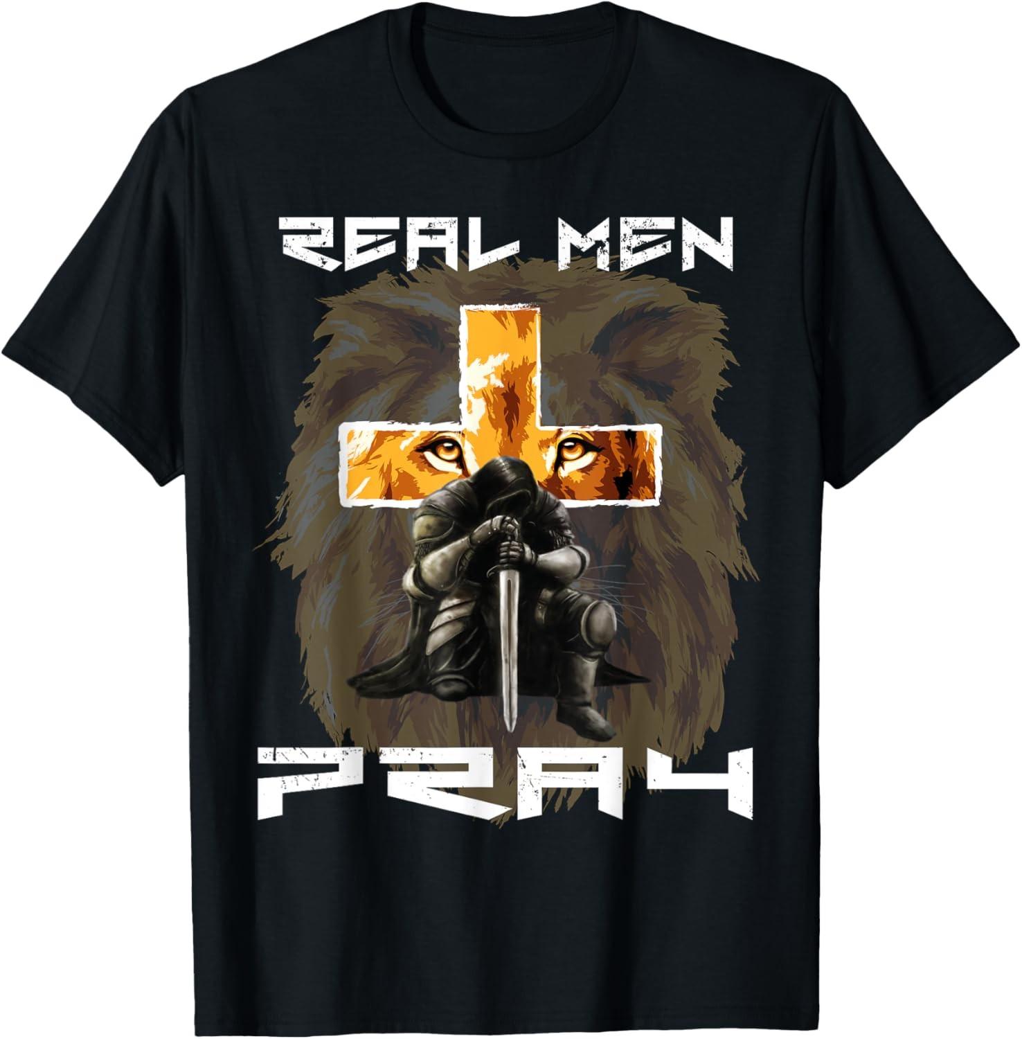 Mens Real Men Pray Lion Judah Christian Religious Cross Graphic T-Shirt XXL