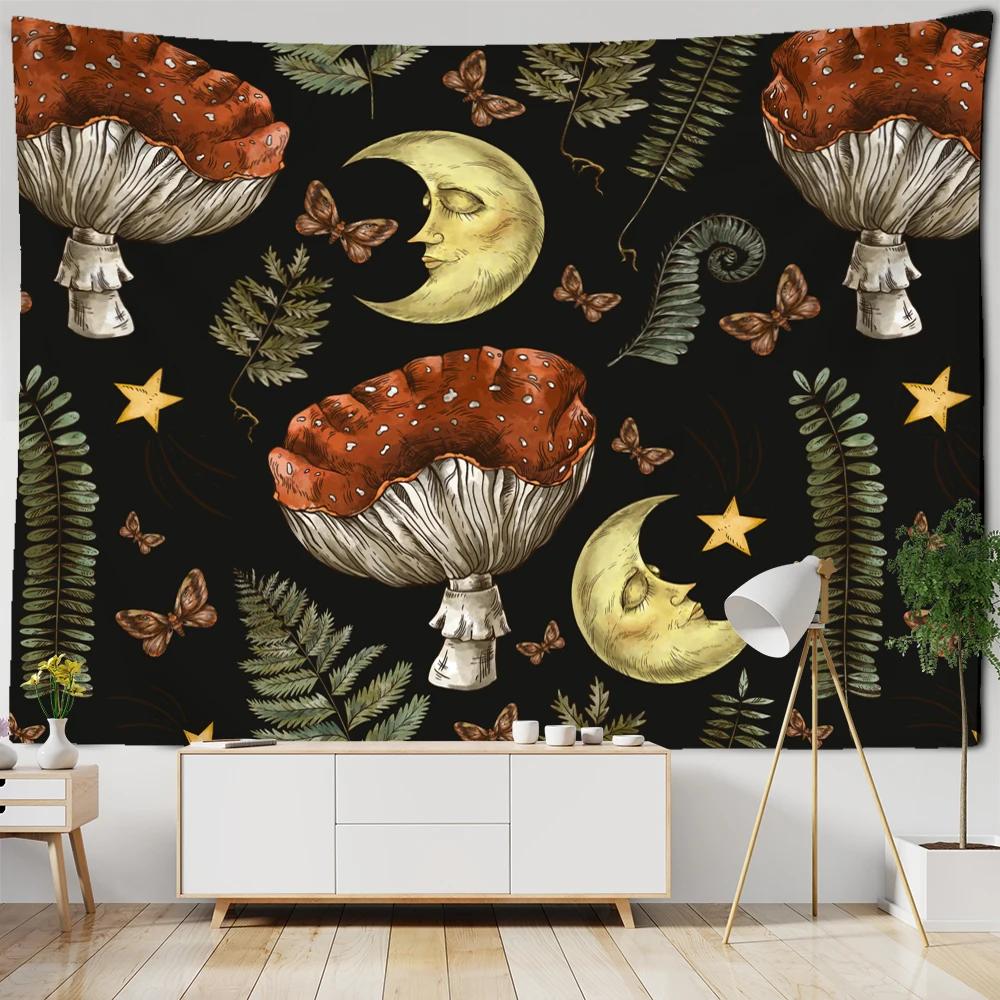Vintage Magic Mushroom Tapestry Wall Hanging Witch Hand Mural Botanical Mystery Boho Hippie Home Decor