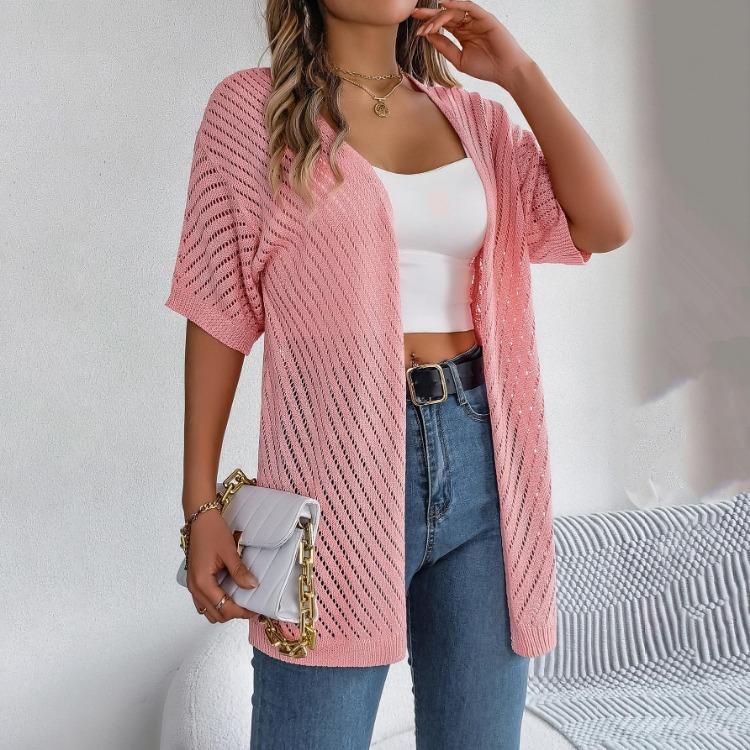 Women's Elegant V Neck Loose Knitted Cardigan Solid Check Sweater Tops for Spring Summer Fashion