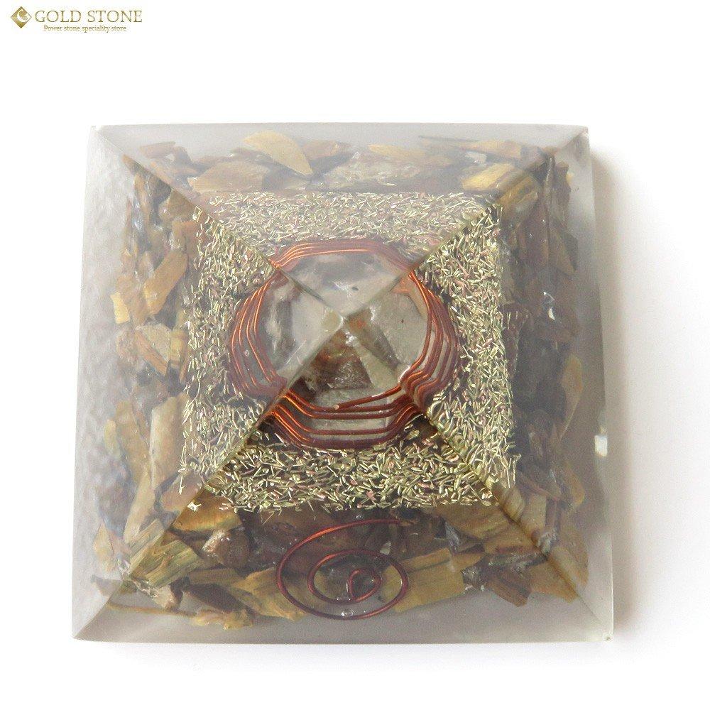 [GOLD STONE] Tiger Eye Orgonite Pyramid with Single Crystal Quartz, Spiritual Item, Approximately 55mm Wide