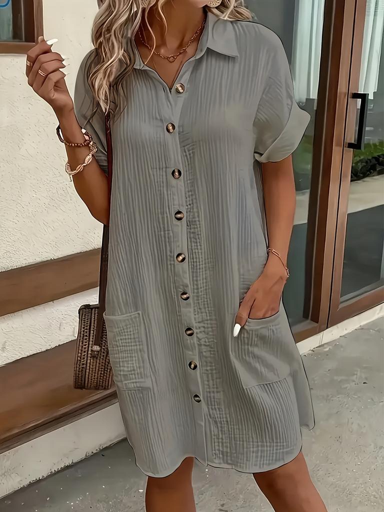 Summer casual solid color shirt breasted medium and long short-sleeved loose dress women's clothing