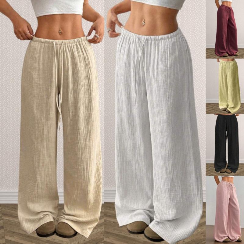 Women Cotton Linen Wide Leg Pants Elastic Waist Drawstring Loose Casual Trousers Plus Size Summer Streetwear