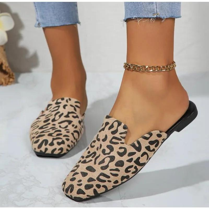 Fashion Leopard Women Mules Shoes Slippers Flats Suede Summer Square Toe Designer Outdoor Slingback Sandals Zapatos Mujer Slides