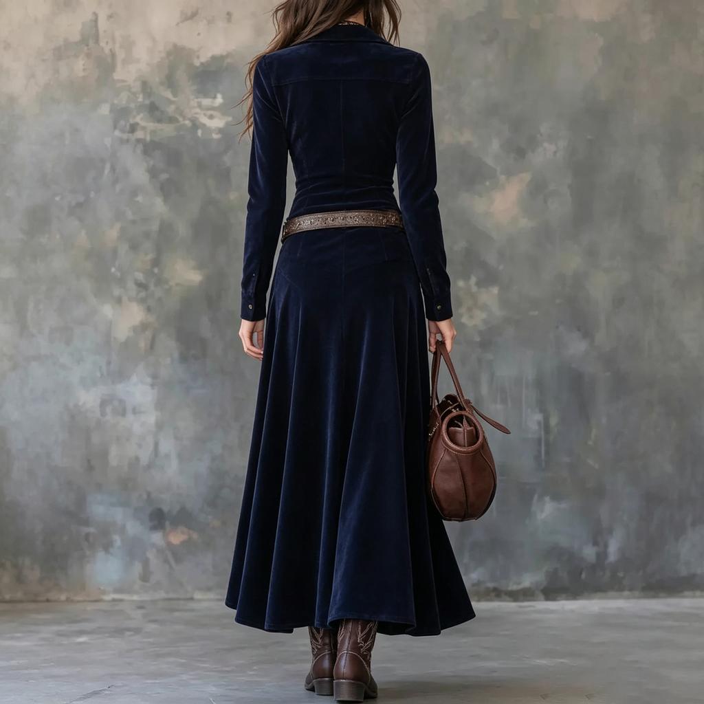 Women's Vintage Velvet Long Dress with Notched Lapel and Single-Breasted Waist-Cinching Design