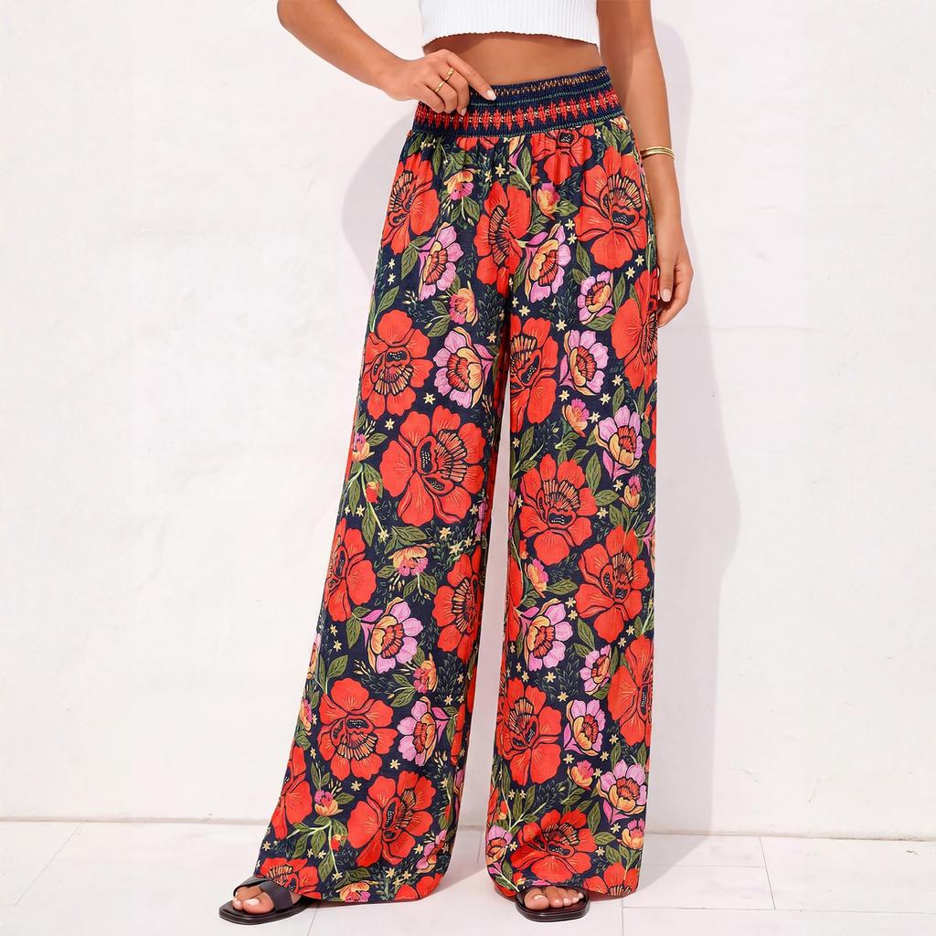 Women Plus Size Wide Leg Palazzo Pants Summer Boho Floral Print High Waist Elastic Waistband Lounge Trousers with Pockets