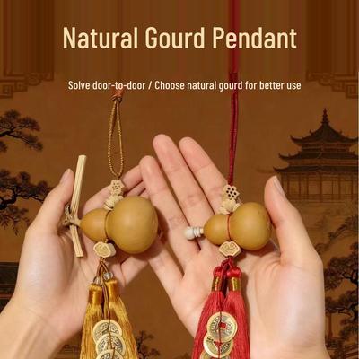 Pendentif de porte en gourde naturelle avec gourde à bouche ouverte et fermée et décoration de cinq pièces d'empereur